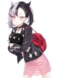 1girl alternate_costume backpack bag black_choker black_hair black_jacket blush choker commentary cosplay cowboy_shot dress earrings grey_hair grin hair_ornament highres hololive hololive_english jacket jewelry leather leather_jacket long_sleeves looking_at_viewer marnie_(pokemon) marnie_(pokemon)_(cosplay) multicolored_hair nervous_smile nintendo pendant_choker pink_dress pokemon pokemon_swsh see-through_silhouette shiori_novella simple_background smile solo split-color_hair standing stud_earrings symbol-only_commentary tsukito_5555 twintails two-tone_hair virtual_youtuber white_background yellow_eyes