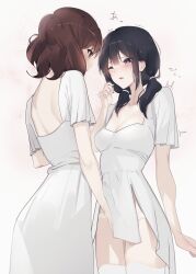Rule 34 | 2girls, ;o, black hair, blush, breasts, brown eyes, brown hair, cleavage, dress, hibike! euphonium, highres, implied fingering, kousaka reina, lie lack1080, low twintails, medium breasts, multiple girls, one eye closed, oumae kumiko, panties, purple eyes, short sleeves, simple background, small breasts, standing, thighhighs, twintails, underwear, white background, white dress, white panties, white thighhighs, yuri