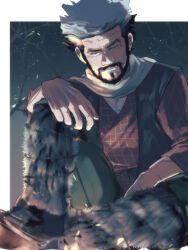 1boy anko_(mwnwm) beard black_hair boots facial_hair fur_boots golden_kamuy grey_hair hand_on_own_knee highres knee_up looking_at_viewer male_focus mature_male night night_sky nihei_tetsuzou old old_man outdoors red_shirt scarf shirt sitting sky white_scarf