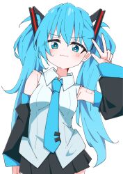 Rule 34 | 1girl, absurdres, aqua eyes, aqua hair, bare shoulders, black skirt, blush, breasts, cowboy shot, detached sleeves, hair ornament, hatsune miku, highres, kei (k eii0), long hair, looking at viewer, necktie, number tattoo, simple background, skirt, sleeveless, smile, solo, standing, tattoo, twintails, vocaloid, w, white background
