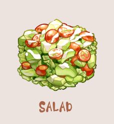 cube dressing english_text food food_focus grey_background lettuce no_humans original saino_misaki salad simple_background tomato