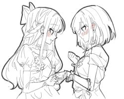 2girls at_09098 bang_dream! bang_dream!_it&#039;s_mygo!!!!! blush braid closed_mouth commentary dress ear_blush elbow_gloves gloves greyscale half_up_braid highres holding_hands jewelry long_hair misumi_uika monochrome multiple_girls open_mouth ring short_hair smile spot_color symbol-only_commentary togawa_sakiko upper_body wedding_dress wedding_ring wife_and_wife yuri