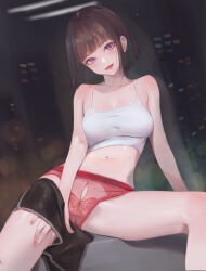 Rule 34 | 1girl, absurdres, against window, arm support, armpit crease, arms at sides, bench, between legs, black shorts, blunt ends, blurry, bokeh, breasts, brown hair, building, ceiling light, city, city lights, cityscape, cleavage, closed mouth, collarbone, commentary request, cowboy shot, crop top, depth of field, dolphin shorts, eye piercing, face piercing, fingernails, hand between legs, head tilt, highres, indoors, lace, lace panties, large breasts, light smile, lip piercing, looking at viewer, nail polish, navel, navel piercing, nekobell, night, on bench, original, panties, piercing, purple eyes, red lips, red nails, red panties, reflection, see-through clothes, see-through panties, short hair, shorts, shorts around one leg, sidelocks, sitting, skyscraper, solo, stomach, tank top, thighs, underwear, white tank top, window