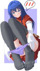1girl absurdres belt black_thighhighs blue_hair border caeda_(fire_emblem) closed_mouth commission convenient_leg dress elbow_gloves feet fire_emblem full_body gloves hair_intakes highres knees_up kyoichi long_hair looking_at_viewer nintendo no_shoes orange_dress panties panty_pull pleated_dress purple_background short_sleeves sidelocks skeb_commission solo spoken_blush thighhighs toenails toes underwear white_border white_gloves