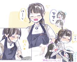 Rule 34 | 3girls, animal ears, animification, apron, black apron, black hair, blunt bangs, blush, brown dress, cat ears, colored speech bubble, commentary, dog ears, drawn ears, dress, flying sweatdrops, frying pan, green dress, grin, hayama fuka, highres, holding, holding frying pan, kurusu rin, lavalier microphone, link! like! love live!, long hair, long sleeves, love live!, low ponytail, microphone, multiple girls, multiple views, nose blush, open mouth, pinafore dress, pipi (m1x mix), ponytail, real life, sakurai hina, seeno de! hasu no sora!, shirt, short sleeves, sidelocks, sleeveless, sleeveless dress, smile, speech bubble, sweat, symbol-only commentary, translation request, voice actor, white shirt