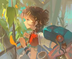 1girl absurdres backpack bag bag_charm bandaged_arm bandages blue_bag blue_eyes brown_hair charm_(object) dongzhi10223 from_side gauze gauze_on_arm hair_bun hair_ornament hairclip highres leaf leaning_forward long_hair looking_at_object plant profile reverse:1999 shirt short_sleeves solo spathodea_(reverse:1999) t-shirt upper_body white_shirt wristband