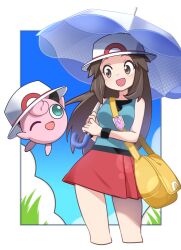 Rule 34 | 1girl, :d, azu ankoowl, bag, blue shirt, brown eyes, brown hair, commentary, gen 1 pokemon, hat, highres, holding, holding umbrella, jigglypuff, leaf (pokemon), looking at another, nintendo, open mouth, pokemon, pokemon (creature), pokemon frlg, red skirt, shirt, shoulder bag, skirt, sleeveless, sleeveless shirt, smile, symbol-only commentary, umbrella, white hat, wristband, yellow bag