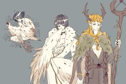 2boys aged_down alternate_costume antlers black_hair blonde_hair blue_eyes bob_cut braid bruno_bucciarati bug collar covering_own_mouth flower fur_trim giorno_giovanna green_eyes hair_ornament harpy highres holding horns injury insect jojo_no_kimyou_na_bouken ladybug long_ears long_hair looking_back luminous_slime lying monster_girl multiple_boys on_side one_eye_closed pointy_ears staff talons tattoo vento_aureo wings