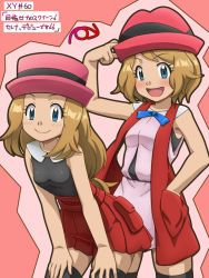 10s 2girls adjusting_clothes adjusting_headwear alternate_costume alternate_hair_length alternate_hairstyle awa before_and_after black_legwear blonde_hair blue_eyes blush bracelet brown_hair creatures_(company) dual_persona female_focus game_freak hand_in_pocket hat jacket jewelry leaning_forward long_hair looking_at_viewer low-tied_long_hair multiple_girls neck_ribbon nintendo open_clothes open_jacket open_mouth pleated_skirt pokemon pokemon_(anime) pokemon_xy porkpie_hat red_skirt ribbon serena_(pokemon) shirt short_hair skirt sleeveless sleeveless_shirt smile text_focus thighhighs translation_request