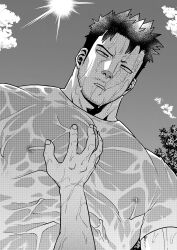 1boy 1other bara bare_pectorals beard_stubble boku_no_hero_academia cloud endeavor_(boku_no_hero_academia) facial_hair greyscale hand_on_another&#039;s_chest highres looking_down male_focus monochrome muscular muscular_male nipples out_of_frame outdoors p_(pppppppppq) parted_lips pectorals see-through_clothes shirt short_hair sky solo_focus spiked_hair stubble sun tree upper_body wet wet_clothes wet_shirt