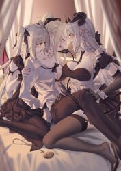 3girls alternate_costume apron bite_mark blonde_hair blood blush braid breasts cartonbox_(zhixiang_zhi) cleavage closed_eyes collarbone demon_girl demon_horns demon_tail demon_wings dress elbow_gloves essex_(warship_girls_r) femdom garter_straps girl_sandwich gloves grey_hair group_sex hickey high_heels high_ponytail highres horns large_breasts long_hair maid multiple_girls necktie open_clothes open_mouth pantyhose ponytail randolph_(warship_girls_r) red_eyes ribbon sandwiched shirt sitting tail thighhighs threesome ticonderoga_(warship_girls_r) twintails two_side_up warship_girls_r white_hair wings yuri