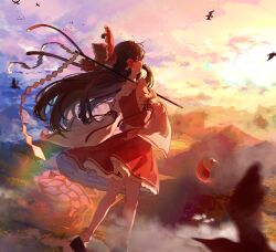 Rule 34 | 1girl, bird, bow, brown hair, cloud, commentary request, detached sleeves, floating, flying, frilled bow, frilled hair tubes, frilled skirt, frills, gohei, hair bow, hair tubes, hakurei reimu, highres, holding, holding gohei, long hair, looking at viewer, looking back, orb, outdoors, red bow, red eyes, red skirt, rei (farta litia), shoes, skirt, skirt set, socks, solo, touhou, very long hair, white socks, yin yang, yin yang orb