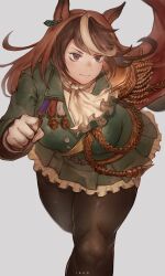 1girl absurdres aiguillette animal_ears artist_name ascot bent_over black_pantyhose brown_hair closed_mouth commentary earrings epaulettes floating_hair frilled_skirt frills gloves grey_background grey_hair highres horse_ears ibuo_(ibukht1015) jacket jewelry long_hair long_sleeves looking_to_the_side medal miniskirt multicolored_hair pantyhose red_eyes running simple_background single_earring single_epaulette skirt solo symboli_rudolf_(umamusume) umamusume white_ascot white_gloves