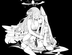 Rule 34 | 2girls, animal ears, black background, blue archive, blush, closed eyes, detached sleeves, greyscale, halo, highres, hug, long hair, mika (blue archive), monochrome, multiple girls, pantyhose, seia (blue archive), sitting, wings, yun (dust-i1), yuri