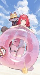 Rule 34 | 1girl, absurdres, animal on back, beach, blue sky, blush, bracelet, braid, braided twintails, breasts, cleavage, cloud, day, eyewear on head, gradient-tinted eyewear, green eyes, grin, heart, heart-shaped eyewear, highres, jewelry, kneeling, long hair, looking at viewer, ocean, official alternate costume, one-piece swimsuit, outdoors, pink innertube, pink one-piece swimsuit, raccoon, red hair, sand, sky, smile, sphere hair ornament, swimsuit, tanuki, tem (tempainting1), thigh strap, tinted eyewear, transparent innertube, twintails, two-tone one-piece swimsuit, ukinami yuzuha, ukinami yuzuha (tanuki in broad daylight), very long hair, water, white one-piece swimsuit, zenless zone zero