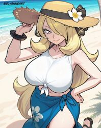 1girl alternate_costume bare_shoulders beach black_eyes blonde_hair blue_eyes blush bracelet breasts cleavage cloud collarbone curvy cynthia_(pokemon) day floral_print floral_print_skirt flower hair_ornament hair_over_one_eye hand_on_own_hip hat jewelry large_breasts long_hair looking_at_viewer navel nintendo ocean official_alternate_costume palm_tree pokemon pokemon_dppt pokemon_masters_ex pokemon_sm print_skirt sand sarong shadow skirt sky smile solo standing straw_hat sun_hat sun_hat_ornament swimsuit thick_thighs thighs tree very_long_hair ylvanne