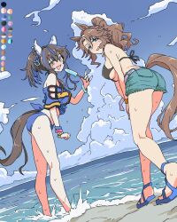 2girls animal_ears ass beach bikini bikini_bottom_only bikini_top_only black_bikini black_hair blue_bikini blue_eyes blue_shirt blue_sky breasts brown_hair cloud color_guide colored_inner_hair daitaku_helios_(umamusume) denim denim_shorts ear_covers ear_ornament facial_tattoo food hair_ornament hairclip holding holding_food holding_popsicle horse_ears horse_girl horse_tail limited_palette long_hair mejiro_palmer_(umamusume) multicolored_hair multiple_girls ocean outdoors ponytail popsicle sand shirt shorts side_ponytail sky smile star_(symbol) star_hair_ornament streaked_hair swimsuit tail tattoo tied_shirt toriga_naku umamusume