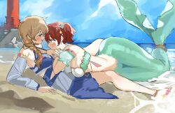 2girls aqua_eyes bananahaemeog bare_shoulders beach bikini bikini_skirt blue_bikini blue_sky blush braid breasts brown_hair cleavage closed_mouth costume_request day detached_sleeves earrings emma_verde emma_verde_(splash_mermaid) flower full_body hair_flower hair_ornament hair_over_shoulder highres interspecies jewelry konoe_kanata large_breasts lighthouse love_live! love_live!_nijigasaki_high_school_idol_club love_live!_school_idol_festival_all_stars lying mermaid monster_girl monsterification multiple_girls official_alternate_costume on_back on_person open_mouth outdoors purple_eyes short_hair short_twintails single_braid sky smile starfish_hair_ornament swimsuit twintails yuri