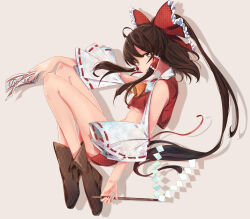 Rule 34 | 1girl, absurdres, ascot, between fingers, boots, bow, breasts, brown boots, brown eyes, brown hair, commentary, cropped vest, detached sleeves, frilled bow, frilled hair tubes, frills, from side, full body, gohei, grey background, hair bow, hair tubes, hakurei reimu, highres, holding, holding gohei, long hair, looking at viewer, looking to the side, navel, ofuda, ofuda between fingers, ponytail, puckered lips, red bow, red skirt, red vest, ribbon-trimmed sleeves, ribbon trim, shadow, skirt, skirt set, small breasts, solo, touhou, turn zhuan, underboob, very long hair, vest, white sleeves, wide sleeves, yellow ascot