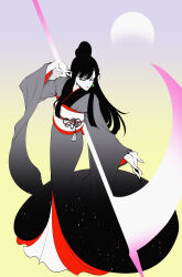 Rule 34 | 1girl, absurdres, asymmetrical bangs, blue background, blunt bangs, chi-chi (dragon ball), clinrollmuri, closed eyes, closed mouth, clothing request, commentary request, dragon ball, dragon ball super, earrings, eyelashes, facing away, goku black, gradient background, grey kimono, high ponytail, highres, holding, holding scythe, japanese clothes, jewelry, kimono, limited palette, long hair, long sleeves, moon, ponytail, potara earrings, scythe, solo, two-tone background, yellow background