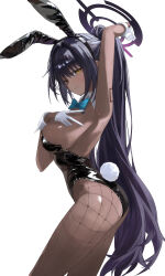 1girl absurdres animal_ears arm_up armpits ass black_hair black_leotard blue_archive blue_bow blue_bowtie blue_halo bow bowtie commentary danyun_03 dark-skinned_female dark_skin detached_collar embarrassed fake_animal_ears fishnet_pantyhose fishnets from_side gloves halo high_ponytail highleg highleg_leotard highres karin_(blue_archive) karin_(bunny)_(blue_archive) leotard long_hair looking_at_viewer number_tattoo official_alternate_costume pantyhose playboy_bunny ponytail purple_halo rabbit_ears rabbit_tail solo strapless strapless_leotard sweat tail tattoo traditional_bowtie v white_background white_gloves white_wrist_cuffs wrist_cuffs