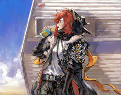 1girl absurdres ahoge animal_ear_hood arknights black_jacket black_pants bottle closed_eyes cowboy_shot crownslayer_(arknights) drink drinking eudaemonm facing_to_the_side fake_animal_ears fingerless_gloves floppy_ears fur-trimmed_jacket fur_trim gloves highres holding holding_bottle holding_drink hood hooded_jacket hyena_ears hyena_girl hyena_tail jacket key keyring long_sleeves mask mouth_mask open_clothes open_jacket open_mouth orange_ribbon pants profile recreational_vehicle red_hair red_tail ribbon shirt short_hair sidelocks single_fingerless_glove smoke_grenade solo white_shirt