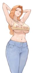 1girl armpits arms_behind_head bleach blue_eyes breasts chain chain_necklace cleavage crop_top denim female_focus highres jeans jewelry large_breasts long_hair matsumoto_rangiku mole mole_under_mouth necklace numb3r_3 orange_hair pants simple_background underboob white_background