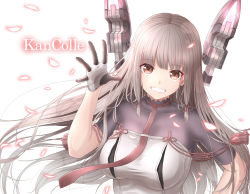 10s 1girl bodysuit breasts cherry_blossoms collarbone dress female_focus gloves grin hand_on_own_hip hand_up headgear highres hime_cut kantai_collection long_hair looking_at_viewer mechanical_ears medium_breasts murakumo_(kancolle) murakumo_kai_ni_(kancolle) necktie orange_eyes see-through_clothes shinoe_nun silver_hair smile solo tassel white_background white_dress white_gloves