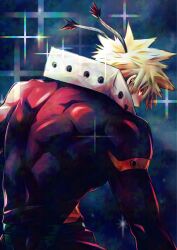 Rule 34 | 1boy, back muscles, bakugou katsuki, belt, black pants, black shirt, blonde hair, boku no hero academia, commentary, cowboy shot, green belt, highres, looking back, male focus, muscular, muscular male, pants, red eyes, shirt, short hair, solo, sparkle, spiked hair, superhero costume, symbol-only commentary, takehara