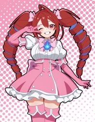artist_request blush breasts cosplay elizabeth_rose_bloodflame highres holojustice hololive hololive_english looking_at_viewer magia_magenta magical_girl mahou_shoujo_ni_akogarete one_eye_closed red_eyes red_hair smile teeth twintails v virtual_youtuber