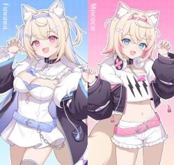 2girls alternate_costume animal_ear_fluff animal_ears apron arm_up armpits blonde_hair blue_eyes breasts chelly_(glisten_chelly) choker cowboy_shot dog_ears dog_tail dress fishnet_socks fishnets flat_chest full_body fuwawa_abyssgard headphones highres hololive hololive_english long_hair looking_at_viewer maid_apron medium_breasts medium_hair multicolored_hair multiple_girls navel open_mouth pink_eyes pink_hair pink_skirt ribbon_choker shirt short_sleeves shorts skirt sleeveless sleeveless_shirt smile socks tail thigh_gap thighhighs two-tone_hair virtual_youtuber waist_apron white_dress white_shirt white_shorts white_thighhighs