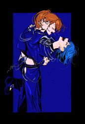 Rule 34 | 2girls, absurdres, black border, blue background, blue hair, blue jacket, blue nails, blue pants, blush, border, braid, braided bangs, brown hair, closed eyes, commentary request, couple, cropped jacket, dancing, earrings, half updo, hanasato minori, highres, hug, jacket, jewelry, kani (kaniya), kiritani haruka, lead to shine more (project sekai), long hair, long sleeves, midriff, multiple girls, nail polish, open mouth, outside border, pants, project sekai, ring, short hair, teeth, upper teeth only, yuri