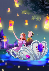 1boy 1girl :d arm_up backlighting black_hair blue_eyes blurry blurry_foreground bow bowtie breasts brown_hair castle cedric_(disney) closed_mouth collared_shirt commentary_request dress film_grain gem glowing green_shirt grin hair_behind_ear highres jewelry lantern light_particles long_hair looking_at_object looking_up multicolored_hair necklace night open_mouth outdoors paper_lantern patterned_clothing pink_gemstone puffy_short_sleeves puffy_sleeves purple_dress purple_gemstone purple_robe reaching robe shirt short_hair short_sleeves sitting small_breasts smile sofia_(disney) sofia_the_first tiara tree two-tone_hair uo_sakana5656 very_short_hair water wavy_hair white_hair yellow_bow yellow_bowtie