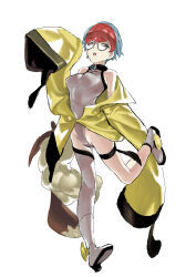 1girl backpack bag blue_hair boots breasts commentary cosplay eevee eevee_backpack full_body gen_1_pokemon glasses grey_leotard grey_thighhighs hand_up highleg highleg_leotard highres impossible_clothes impossible_leotard iono_(pokemon) iono_(pokemon)_(cosplay) jacket leotard long_sleeves looking_at_viewer multicolored_hair nintendo nobita_(makoto7060355) off_shoulder open_mouth oversized_clothes partially_unzipped penny_(pokemon) pokemon pokemon_sv red_hair round_eyewear short_hair simple_background single_thighhigh skin_tight sleeves_past_fingers sleeves_past_wrists small_breasts solo standing standing_on_one_leg thigh_strap thighhighs two-tone_hair very_long_sleeves white_background white_boots yellow_jacket