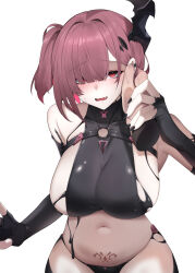 1boy 1girl absurdres bare_shoulders black_gloves black_horns black_liquid black_nails black_panties black_shirt black_thighhighs blunt_bangs blush breasts brown_hair chest_strap colored_inner_hair commander_(nikke) commentary covered_collarbone cowboy_shot crop_top disembodied_hand earclip elbow_gloves fang fingerless_gloves fingernails gloves goddess_of_victory:_nikke hair_behind_ear hair_over_one_eye halter_shirt halterneck hand_on_another&#039;s_cheek hand_on_another&#039;s_ear hand_on_another&#039;s_face hand_on_another&#039;s_hand hands_up hetero highres horns large_breasts liquid_clothes long_finger looking_at_viewer melting multicolored_hair nail_polish navel o-ring_strap one_side_up panties parted_lips pink_hair pov pov_hands pubic_tattoo raised_eyebrows red_eyes shirt short_hair sideboob sideless_shirt simple_background singiru single_horn sleeveless sleeveless_shirt slit_pupils solo_focus stomach sweat tattoo thighhighs two-tone_hair underwear wavy_mouth white_background ziz_(nikke)