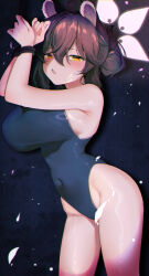 1girl absurdres ahoge alternate_costume animal_ears armpit_crease arms_up blue_archive blue_one-piece_swimsuit bound bound_wrists breasts brown_hair chromatic_aberration commentary covered_navel cowboy_shot english_commentary fang hair_bun halo highleg highres kaede_(blue_archive) kebohan large_breasts one-piece_swimsuit open_mouth pink_halo simple_background skin_fang solo swimsuit yellow_eyes