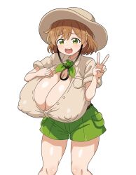 1girl breasts brown_hat brown_shirt cleavage covered_erect_nipples cowboy_shot genderswap genderswap_(mtf) green_eyes green_shorts hat hitokiwa_kenchin huge_breasts milo_(pokemon) nintendo open_mouth pokemon pokemon_swsh shirt short_sleeves shorts simple_background smile solo standing teeth thighs tongue unbuttoned unbuttoned_shirt upper_teeth_only v white_background