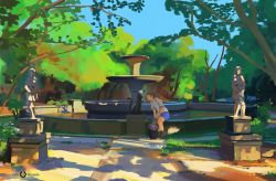 1girl bird black_cat cat dove fountain original outdoors park penguin scenery snatti solo statue sunlight tree urban