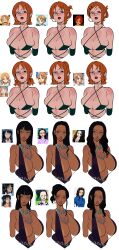 Rule 34 | 2girls, absurdres, body freckles, breasts, cleavage, dark-skinned female, dark skin, dress, eyeshadow, freckles, highres, huge breasts, large breasts, lipstick, makeup, multiple girls, nami (one piece), nico robin, nico robin (teen), nico robin (wano), nico robin (water 7), nico robin (zou), official alternate hairstyle, one piece, one piece: baron omatsuri and the secret island, one piece: strong world, one piece film: red, one piece film: z, red lips, tagme, tan, tanline, white background, xmanticorax