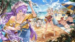 2boys 5girls abby_(wuthering_waves) absurdres ahoge applying_sunscreen ass bare_legs bare_shoulders black_horns blonde_hair blue_dress blue_eyes blue_skirt brant_(wuthering_waves) breasts cantarella_(wuthering_waves) carlotta_(wuthering_waves) casual_one-piece_swimsuit changli_(wuthering_waves) cleavage collarbone commentary curled_horns dress earrings english_commentary grey_hair hanasawa_(hanasawa062) highleg highleg_one-piece_swimsuit highres holding holding_water_gun horns jewelry large_breasts legs long_hair long_skirt male_rover_(wuthering_waves) male_swimwear multiple_boys multiple_girls necklace off-shoulder_one-piece_swimsuit off-shoulder_shirt off_shoulder official_alternate_costume one-piece_swimsuit one_eye_closed open_clothes open_shirt parted_bangs parted_lips phoebe_(wuthering_waves) pink_hair pink_one-piece_swimsuit purple_hair red_eyes rover_(wuthering_waves) sandals shirt skirt smile swimsuit toned toned_male very_long_hair water_gun white_shirt wuthering_waves yellow_shirt zani_(wuthering_waves)