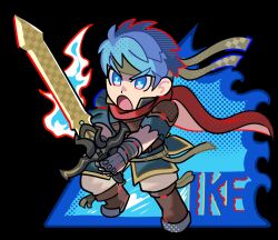 Rule 34 | 1boy, aqua tunic, blue eyes, blue fire, blue hair, boots, brown boots, cape, character name, chibi, chibi only, dancho no mori, fingerless gloves, fire, fire emblem, fire emblem: path of radiance, flaming eye, gloves, gold trim, greatsword, headband, highres, holding, holding sword, holding weapon, ike (fire emblem), male focus, nintendo, open mouth, outline, ragnell, red cape, red outline, short hair, single shoulder pad, solo, sword, torn clothes, torn sleeves, tunic, two-handed sword, v-shaped eyebrows, weapon, yellow headband