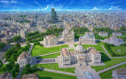 3d arsenixc blue_sky building car city cityscape cloud day flag fountain grass highres horizon mixed-language_commentary motor_vehicle multi-lane_road nikki_(series) official_art outdoors road scenery shining_nikki sky skyscraper street tree watermark window