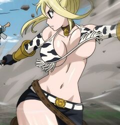 1girl animal_print anime_screenshot bag battle belt belt_buckle bikini bikini_top_only black_gloves blonde_hair bouncing_breasts breasts breasts_apart brown_eyes buckle choker cleavage collar cow_print fairy_tail gauntlets gloves highres jiggle large_breasts leather_belt leather_choker light_particles lucy_heartfilia midriff navel neck_bell one_pant_leg pants people satchel serious sideways_glance sleeveless stitched swimsuit third-party_edit underboob whip white_belt