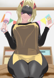 1girl apron black_blindfold black_shirt blindfold blonde_hair hair_ornament hammerkick highres long_hair looking_at_viewer pacifier shirt sitting smile thighs triangle_hair_ornament trigger_(zenless_zone_zero) yellow_apron zenless_zone_zero