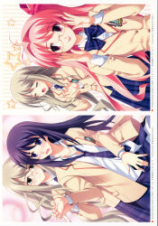 3girls 5pb. =_= absurdres antenna_hair aoi_sena blazer blind blush bow bowtie breasts buttoned_cuffs buttons chaos;head collarbone collared_shirt ears_visible_through_hair embarrassed exif_rotation eye_contact frilled_skirt frills from_behind glasses green_eyes green_hair hair_between_eyes hair_ribbon hand_on_another&#039;s_stomach hand_on_another&#039;s_waist highres holding_hands hug hug_from_behind interlocked_fingers jacket kusunoki_yua long_hair long_sidelocks long_skirt looking_at_another matsuo_yukihiro miniskirt multiple_girls narrowed_eyes necktie no_eyewear non-web_source official_art one-armed_hug open_clothes open_collar open_jacket open_mouth petticoat pink_eyes pink_hair plaid_bow plaid_bowtie plaid_clothes plaid_necktie plaid_skirt pleated_skirt purple_eyes purple_hair ribbon round_eyewear sakihata_rimi school_emblem school_uniform shirt sidelocks skirt small_breasts smile star_(symbol) suimei_academy suimei_school_uniform suimei_summer_uniform surprised thighhighs tongue tongue_out white_petticoat yuri