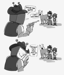 1girl 1other 2boys ant_tenna boots censored colliholly commentary cowboy_hat crt deltarune english_commentary english_text furry furry_female furry_male glasses gloves greyscale hat highres horns kris_(deltarune) long_hair middle_finger monochrome mosaic_censoring multiple_boys pants pointy_nose ralsei shirt short_hair small_sweatdrop speech_bubble standing susie_(deltarune) vest