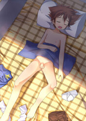 1boy artpulse barefoot brown_hair digimon digimon_adventure head_on_pillow highres nude penis pillow shota sleeping solo unworn_clothes yagami_taichi