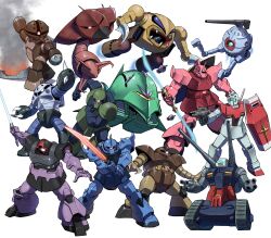 absurdres acguy aiming assault_visor ball_(gundam) beam_cannon beam_gun bit_(gundam) blue_visor caterpillar_tracks charging_forward claws dom_(mobile_suit) double_blade earth_federation elmeth energy_sword exhaust flying full_body gatling_gun gelgoog_s_char_custom glowing glowing_eye gm_(mobile_suit) gogg gouf grublo gun gundam guntank highres holding holding_gun holding_sword holding_weapon horns mecha mecha_focus mobile_armor mobile_suit mobile_suit_gundam no_humans one-eyed outstretched_arm outstretched_arms red_eyes robot science_fiction shield shoulder_cannon shoulder_spikes simple_background single_horn siratori_(yy_203) smoke spikes standing sword weapon white_background white_eyes z&#039;gok zakrello zaku_i zeon