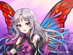 1girl alternate_hairstyle bare_shoulders blue_eyes commentary detached_sleeves english_commentary facial_mark fairy fairy_wings fire_emblem fire_emblem_heroes floating_hair forehead_mark gradient_hair grimaisbestwaifu hair_vines looking_at_viewer multicolored_hair nintendo open_mouth plant plumeria_(fire_emblem) pointy_ears purple_hair red_eyes signature smile solo vines wings