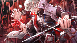 1boy absurdres alchemy_stars bandages bandaged_head bandages black_shirt blank_eyes blood blood_bag bloody_bandages blue_eyes celtic_cross commentary_request cross cross_earrings crystal cube dagger earrings fingernails hemokinesis highres holding holding_weapon injury jewelry knife lab_coat looking_at_viewer male_focus nails_(alchemy_stars) parted_lips sharp_fingernails shirt short_hair short_sleeves signature solo teeth tsukimiya_akira turtleneck upper_body veins weapon white_hair